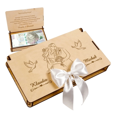 Drewniane pudełko na pieniądze na ślub prezent pamiątka wesele personalizowany grawer